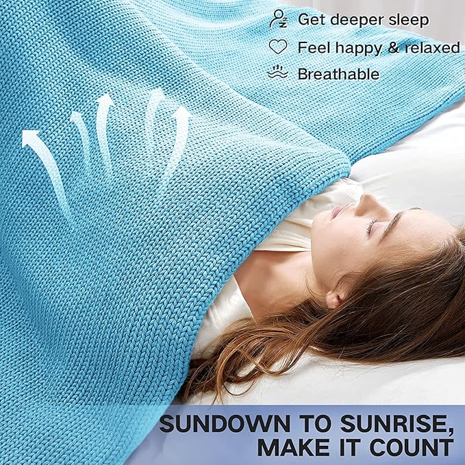 Knitted Weighted Blanket(Blue 50"x60" 10lbs),Home Décor Cooling Throw Blanket for Hot Sleepers,Hand Made Chunky Knit Heavy Blanket or Adults Use on Twin Size Bed