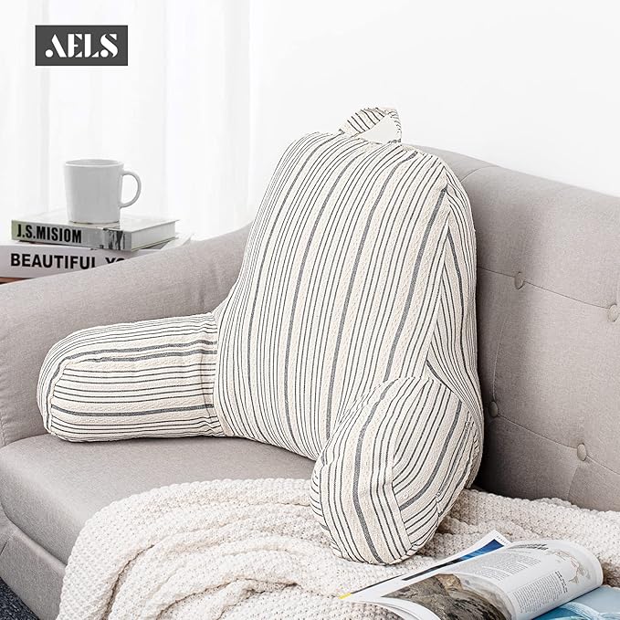 AELS Large Reading Pillow Replacement Cover with Arms and Pockets, 18" Beige with Gray Stripes Textured Linen Backrest Pillow Cover Fits Standard Size Pillows (Cover ONLY)