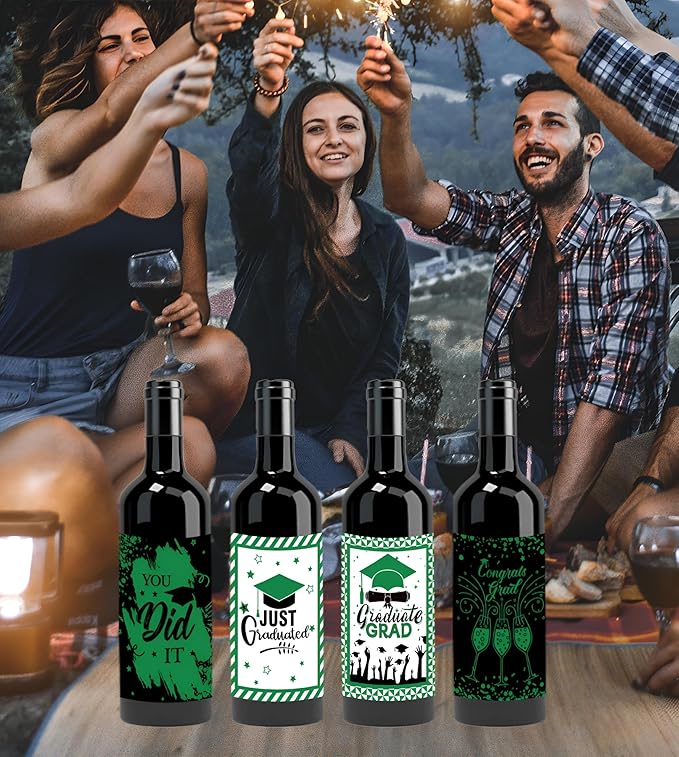 24Pcs Graduation Gift Wine Labels Congrats Grad Wine Bottle Stickers Graduation Party Waterproof Wine Bottle Decoration Cover for College Congrats Graduation Party Decorations, 4 Design