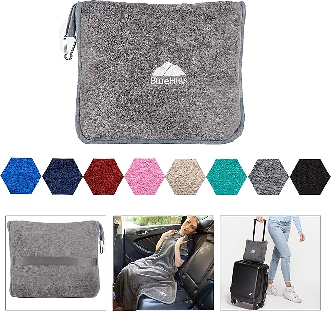 BlueHills Premium Soft Long Travel Blanket Pillow for Tall Airplane Flight Blanket Throw in Soft Bag case with Hand Luggage Belt & Backpack Clip Compact Pack Large Blanket Grey Gray T052