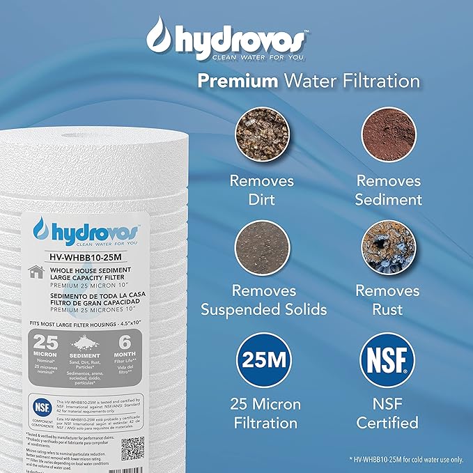 4.5 x 10 Inch Large Capacity Whole House Water Filter, NSF 42 Certified 25 Micron Sediment Filtration, Compatible with Replacement Filters WHKF-GD25BB. AP810, AP801, GXWH30C, GXWH35F, GWWH40