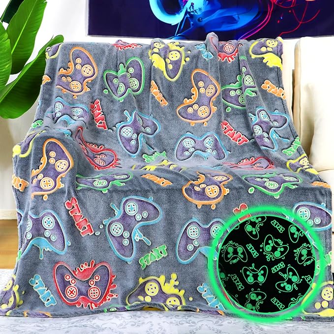 Gamer Gifts for Teen Boys Glow in The Dark Blanket for Boys 7 8 9 10 11 12 13 14 15 16 17 18 Year Old Gaming Accessories Gamer Presents for Kids Birthday