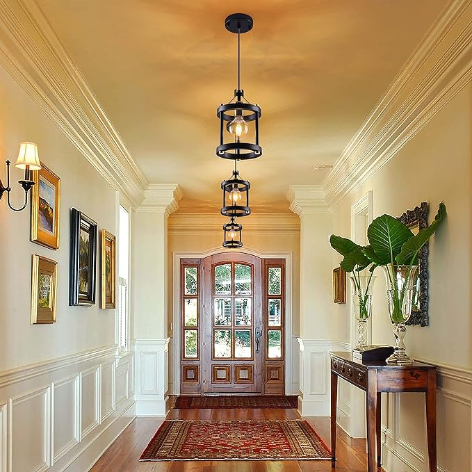 MO&OK Chandelier Set of 3 Vintage Pendant Light Fixture, Black Farmhouse Wooden Metal Chandeliers, Open Frame Hanging Lighting for Diningroom,Bar,Entrance Hall,Kitchen Island Living Room