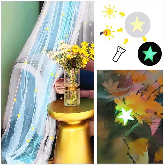 Eimilaly Two-Tone Bed Canopy Glow in The Dark White Blue, Mosquito Net Bed Canopy for Girls Room Decor, Single Door