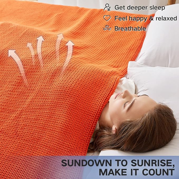 Knitted Weighted Blanket(Orange 50"x60" 10lbs),Home Décor Cooling Throw Blanket for Hot Sleepers,Hand Made Chunky Knit Heavy Blanket or Adults Use on Twin Size Bed