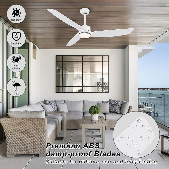 Ohniyou 56 Inch White Ceiling Fan with Lights, Modern 3 Blades Ceiling Fan with Remote/APP Control, Reversible DC Motor, Dimmable 3 CCT, Indoor Outdoor Ceiling Fan for Covered Patios Living Room