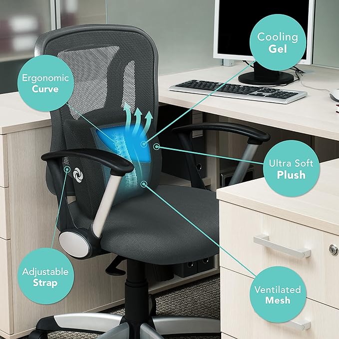 SAMSONITE, cooling gel, lumbar support pillow for office chair or car seat - boost your lower back comfort zone, high grade - memory foam, universal chair cushion, breathable mesh, washable cover