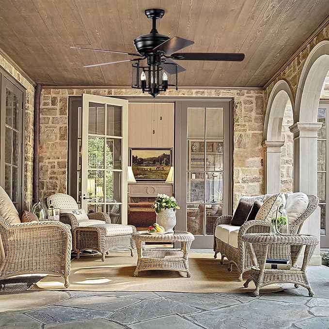 NicBex Ceiling Fan 52 Inch Ceiling Fan with Lights Vintage Ceiling Fans with 5 Blades Ceiling Fan with Lamp Shade and Hand Pull Chain for Bedroom, Living Room, Matte Black