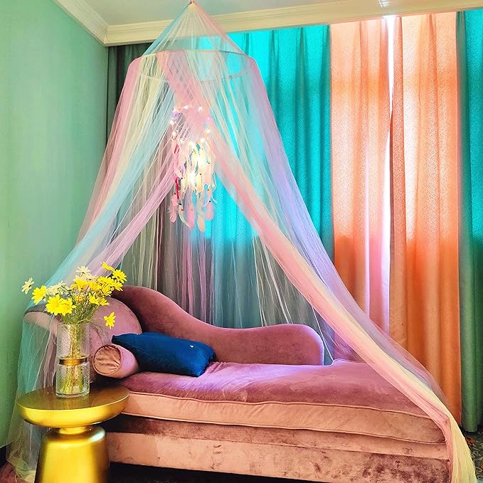 Eimilaly Princess Rainbow Bed Canopy with Unicorn Dream Catcher | Lights, Bed Canopy for Girls Room Decor or Unicorn Theme Party
