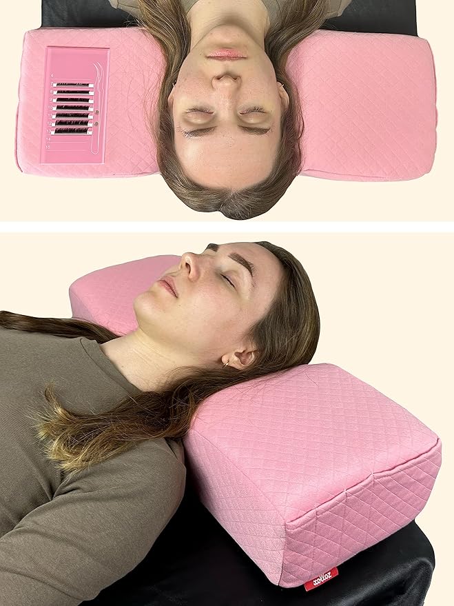 Pillow for Eyelash Extensions - Curved Memory Foam Lash Bed Pillow with Neck and Back Support, Perfect Pillow for Eyelash Extensions, Two Pockets for Tools On The Sides of Pillow (Pink)