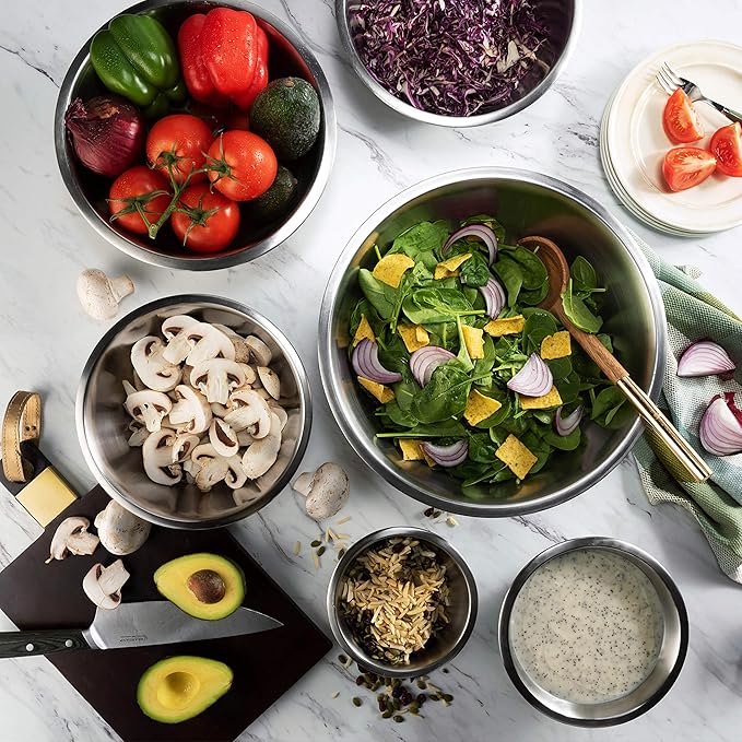 FineDine Stainless Steel Mixing Bowls Set for Kitchen, Dishwasher Safe Nesting Bowls for Cooking, Baking, Meal Prepping