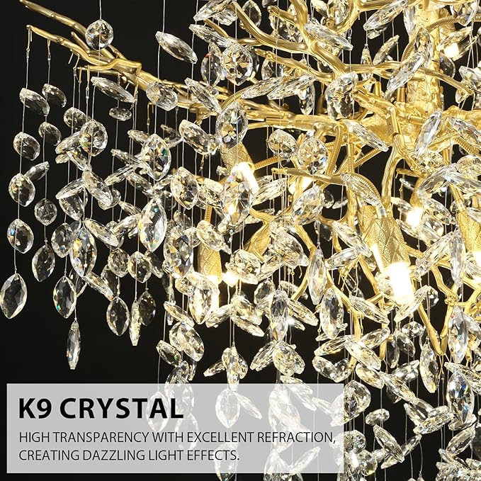 H61'' Gold Crystal High Ceilings Chandeliers Staircase Chandeliers Modern Crystal Tree Branch Chandelier, D40'' Foyer Chandelier for High Ceiling Luxury Large Living Room Chandelier, 23-Lights
