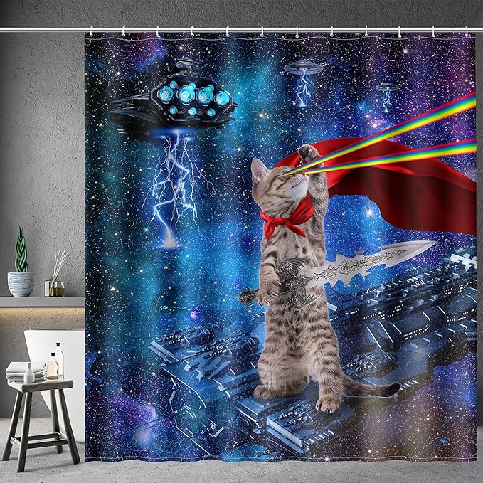 Aimego Extra Long Shower Curtain - Funny Cute Cool Cat on Fantasy Outer Space Galaxy Universe UFO Fabric Cloth Shower Curtain Set with 12 Hooks Bathroom Decor Accessories Bathtub Curtain, 72"x84"