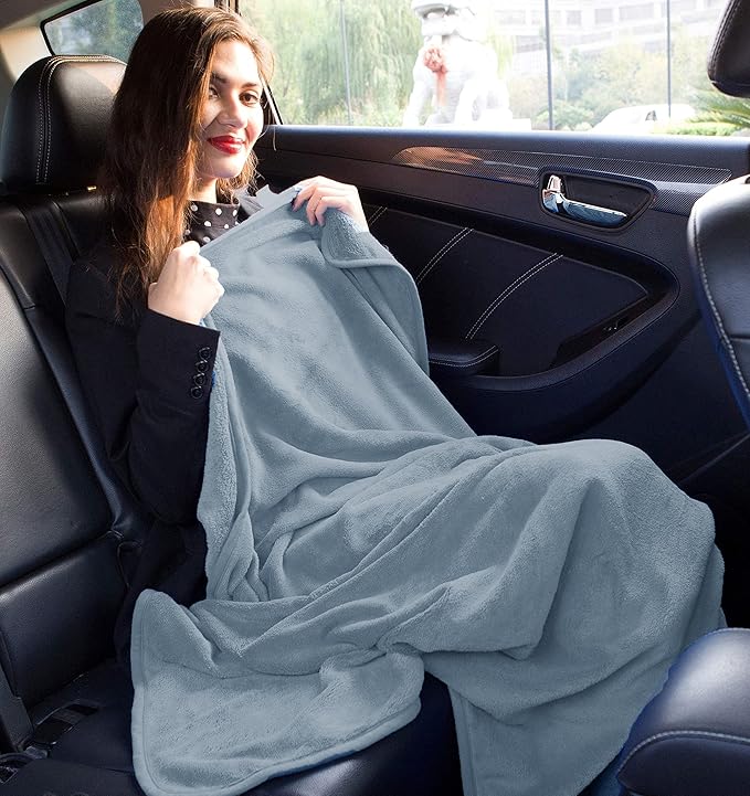 BlueHills Premium Soft Long Travel Blanket Pillow for Tall Airplane Flight Essentials Large Compact 2 in 1 Airline Blanket Throw Packable Warm Plane Traveling Accessories Grayish Blue T056