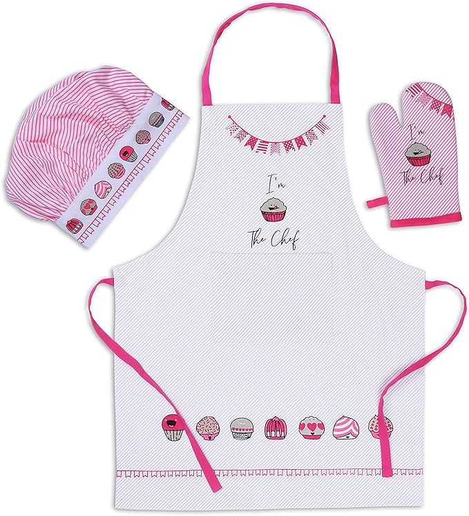 AMOUR INFINI Cupcakes Baking 3-Piece Kitchen Set Cotton Kid's Aprons, Oven Mitts, and Chef Hats Kitchen Play,Cooking,Grilling,Baking Gift for Girls, Boys & Junior Chefs Heat Resistant Reusable