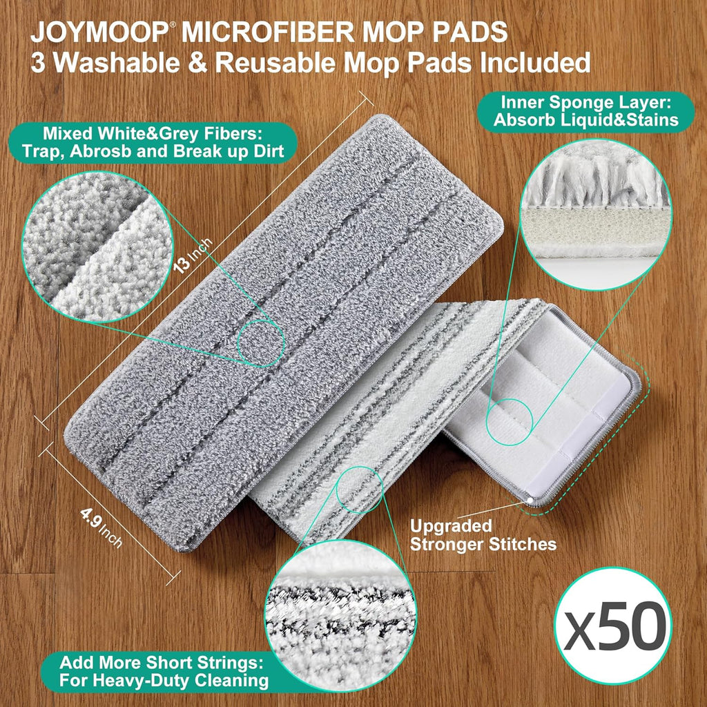 JOYMOOP Flat Mop Pads, Microfiber Mop Cleaning Pads, Washable Pads, Pads Replacement for JOYMOOP Flat Mop or Mop Bucket Set, Pack of 50 Refills 13inch - Grey and Stripe