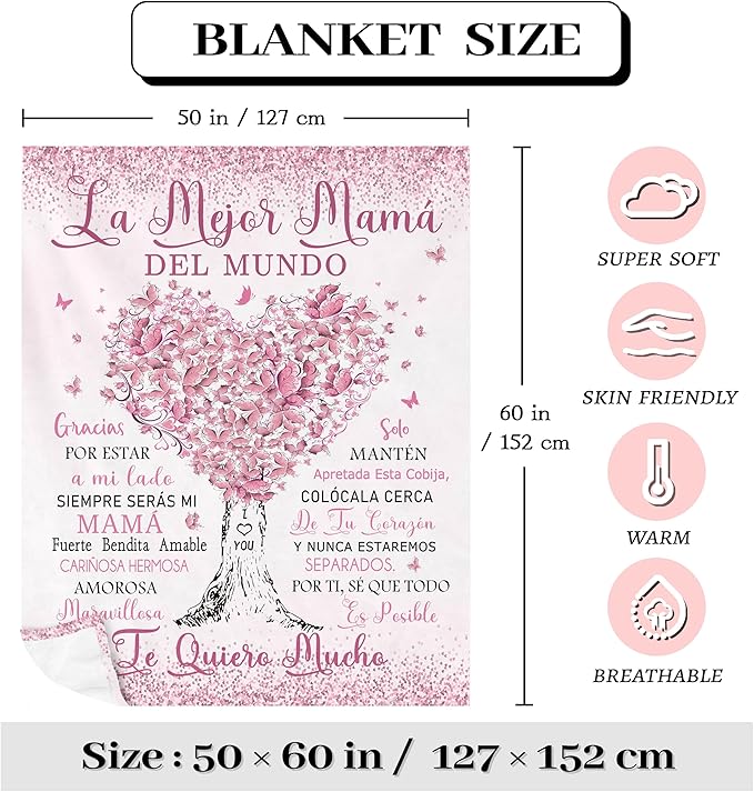 Regalos para Mamá, Mexican Mom Gifts, Regalos para Mama en Español, Gifts for Mom in Spanish, The Best Mom Gifts Blanket 50"x60", Mom Birthday Gifts, Mama Gifts, Mom Gifts from Daughters/Son