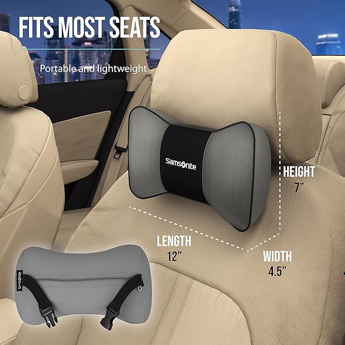 SAMSONITE, Travel Neck Pillow for Car or SUV, Boost your DRIVING COMFORT, High Grade - Memory Foam, Comfortable Headrest Cushion, Fits ALL VEHICLES, Gray…