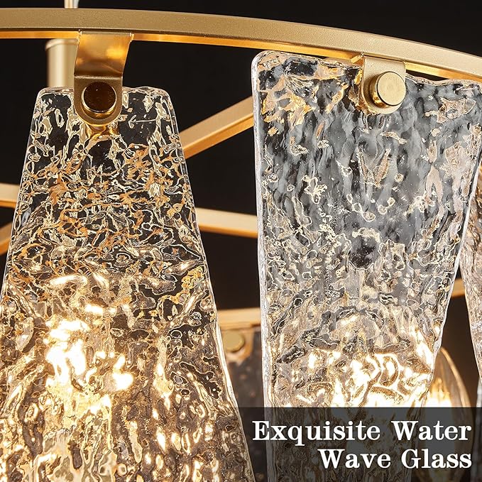 Modern Glass Chandelier 24in Gold Drum Chandelier Light Fixture 8-Light Hammered Crystal Glass Ceiling Chandelier Lighting for Living Room Dining Room Bedroom High Ceiling Entry Foyer