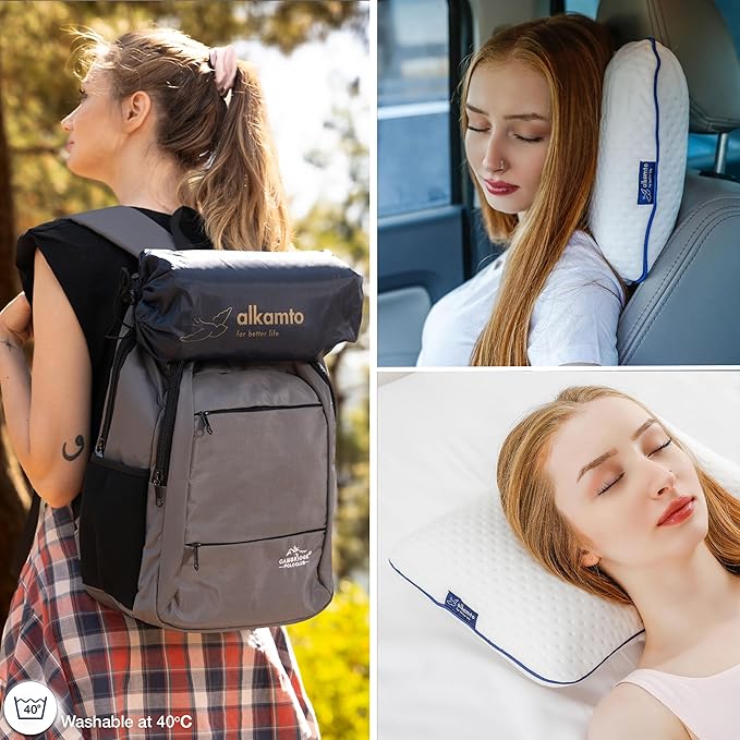 Travel & Camping Comfortable Memory Foam Pillow – Easy to Carry Portable Bag – Temperature Regulating Pillow Case (White)