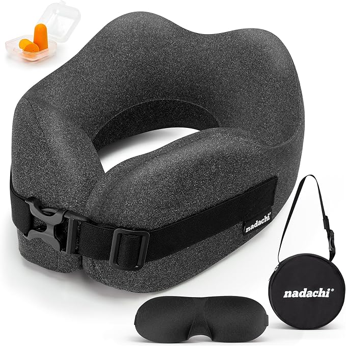 Neck Pillow Airplane Travel Set - Pure Memory Foam Travel Neck Pillow, Plane Pillow for Long Flights Essentials, Sleeping Travel with 3D Contoured Eye Mask, Earplugs, Portable Bag (Gray)