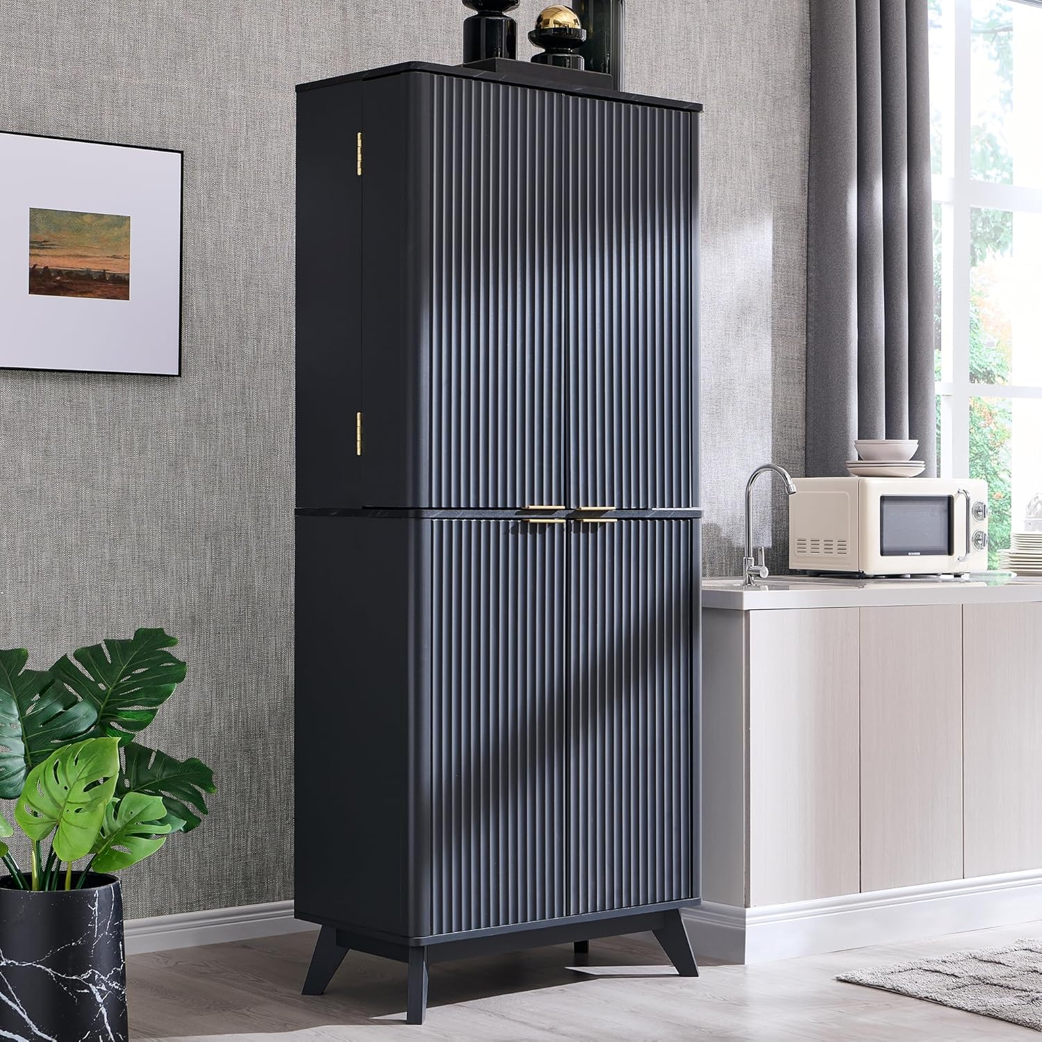 OKD Fluted Kitchen Pantry, 72" Tall Mid Century Modern Storage Cabinet with Adjustable Shelves & Door Organizer, Wood Cabinet for Kitchen, Living Room, Dark Grey