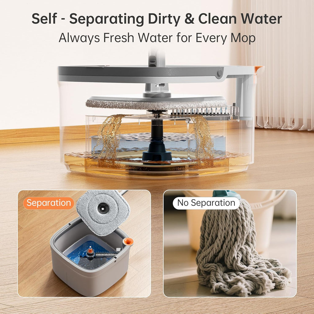 KZKR Spin Mop and Bucket Set with Self Separation Dirty and Clean Water System, Self Wringing 360° Rotating Square Mop Head for Home Floors Cleaning (1.0 Mop and Bucket Set (2 Pads))