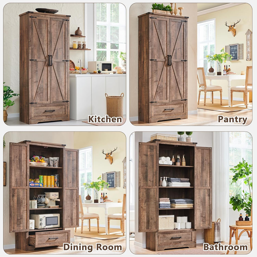 72" Tall Wood Storage Cabinet, Farmhouse Kitchen Pantry Cabinet with Adjustable Shelves & Drawer & Barn Doors, Versatile Storage for Kitchen, Dining Room, Bathroom, Light Brown