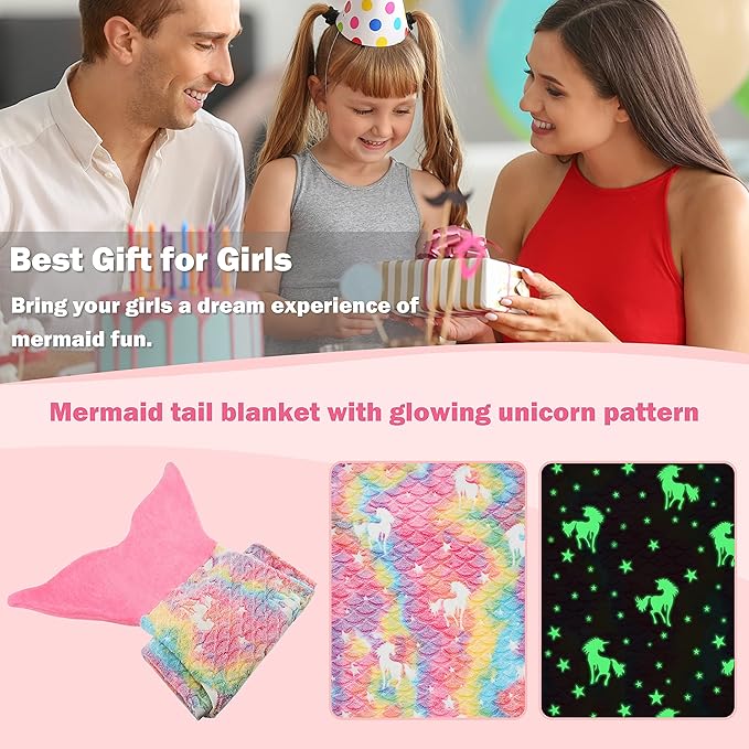 Catalonia Mermaid Tail Blanket for Toddlers Girls, Glow in The Dark Mermaid Sleeping Bag, Unicorn Pattern, Mermaid Gifts for Girls 4-6