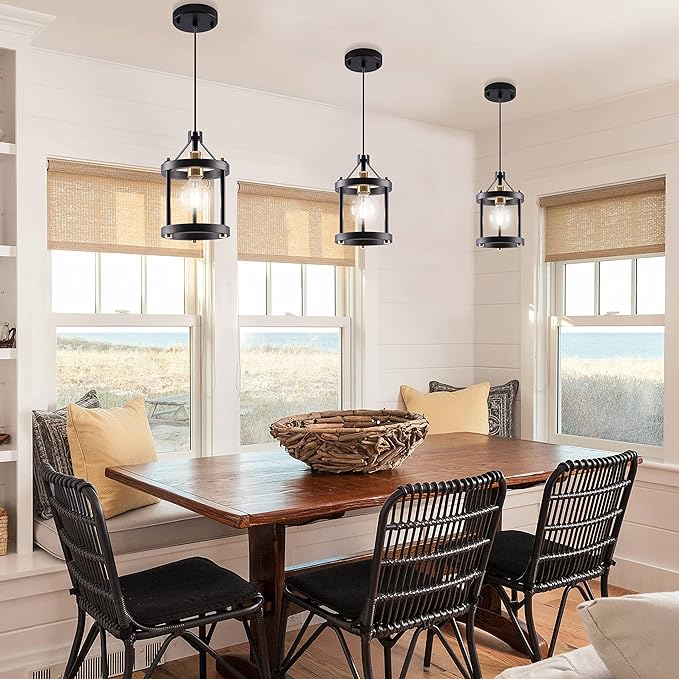 MO&OK Chandelier Set of 3 Vintage Pendant Light Fixture, Black Farmhouse Wooden Metal Chandeliers, Open Frame Hanging Lighting for Diningroom,Bar,Entrance Hall,Kitchen Island Living Room