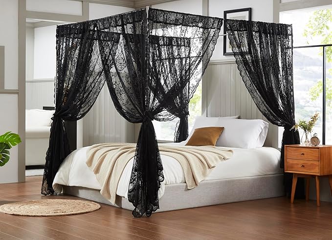 Warm Home Designs Lace Canopy Bed Curtains Set Consists of 8 48" x 78" Black Canopy Curtains with Tie-Backs. Queen Canopy Bed Curtains or King Bed Canopy Curtains for Gothic Bedroom Decor. LC Black