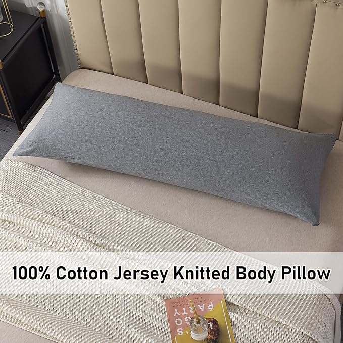 WhatsBedding Memory Foam Body Pillow with 100% Cotton Jersey Knitted Cover, Luxury Soft Large Long Pillow for Adults, Firm Full Body Pillow with Removable Zippered Pillow Case - Dark Grey