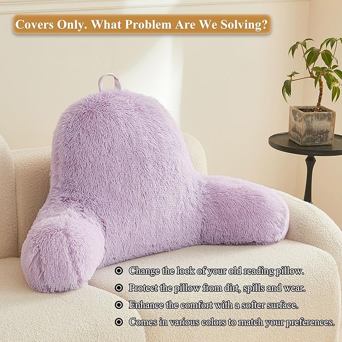 XeGe Fluffy Back Support Pillow Cover for Bed (No Filler), Light Purple Faux Fur Backrest Pillow Case, Lilac Furry Reading Pillow Cover with Arms for Adults Kids, Fuzzy Sit Up Study Pillow, Lavender