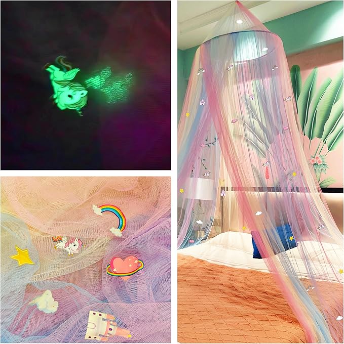 Eimilaly Princess Rainbow Bed Canopy with Unicorn Castle Glow in The Dark, Bed Canopy for Girls Room Decor or Fairy Theme Party