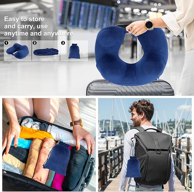 Inflatable Travel Neck Pillows for Airplanes, Long Flight Must Haves for Sleeping to Avoid Neck and Shoulder Pain, Comfortably Support Head and Neck for Flight, Car, Bus and Office (Blue)