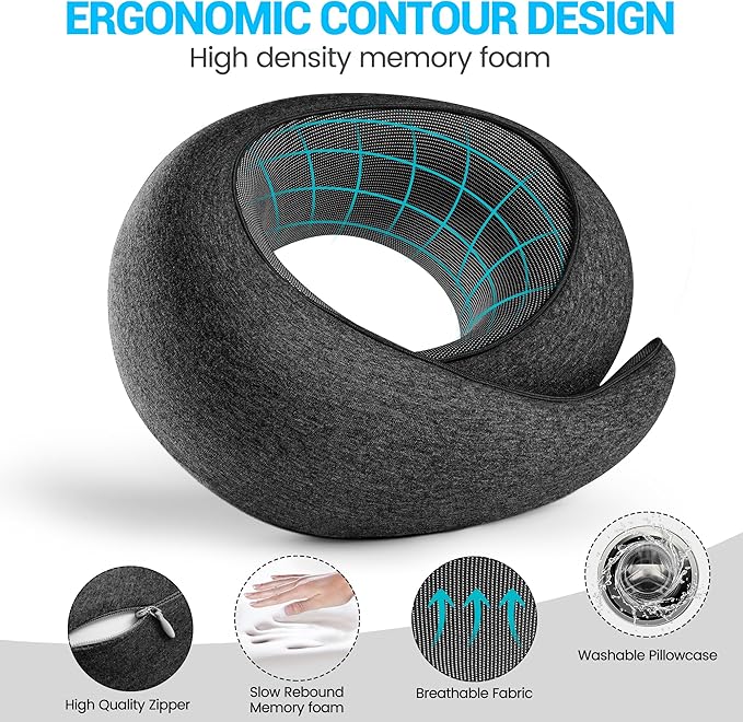 SFXULIX Travel Pillow,Travel Neck Pillow, Memory Foam Neck Pillow Airplane, 360°Travel Pillows for Airplanes, Airplane Pillow, Soft Airplane Neck Pillow Stowable U-Shaped Pillow (Dark Gray)