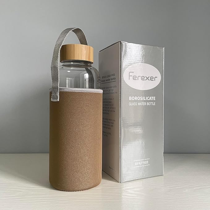 48 oz Sports Borosilicate Glass Water Bottle with Bamboo Lid with Neoprene Sleeve