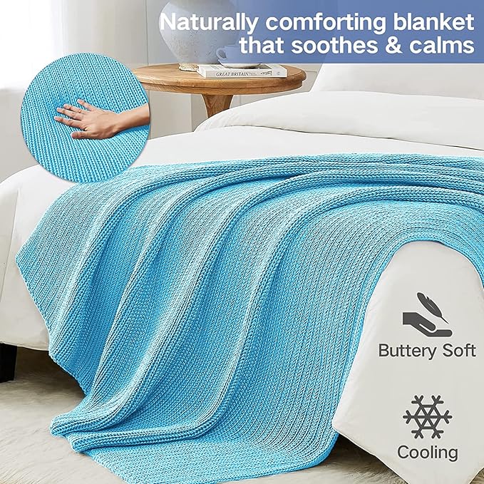 Knitted Weighted Blanket(Blue 60"x80" 20lbs),Home Décor Cooling Throw Blanket for Hot Sleepers,Hand Made Chunky Knit Heavy Blanket for Adults Use on Queen/King Size Bed