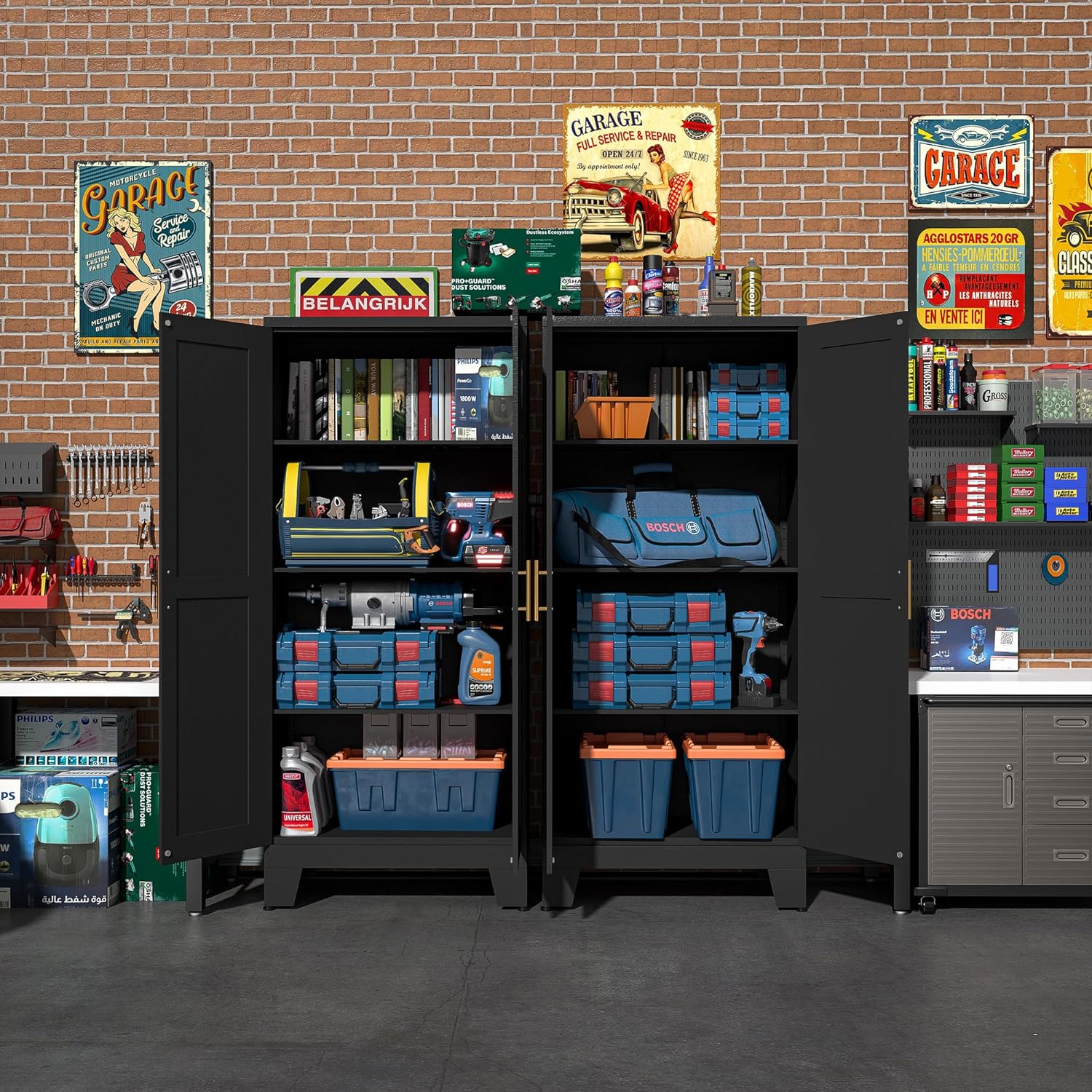 Black Metal Storage Cabinet, 61" Steel Cabinets for Home Office, Kitchen Pantry Storage Cabinet with Doors and 3 Adjustable Shelves, Metal Tool Cabinet, for Office, Home, Garage, School