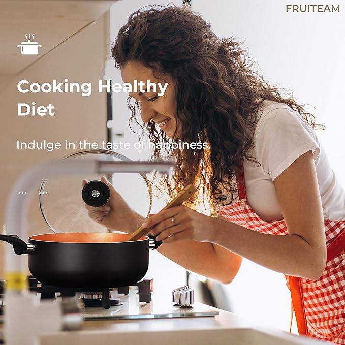 FRUITEAM 6pcs Cookware Set Ceramic Nonstick Soup Pot/Sauce Pan/Frying Pans Set, Copper Aluminum Pan with Lid, Induction Gas Compatible, Black