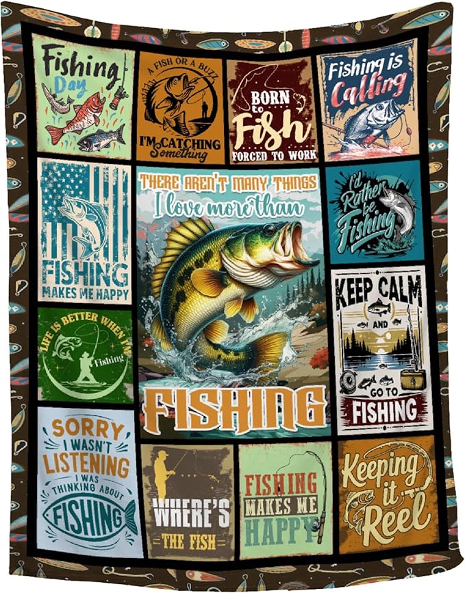 Fish Blanket,Fishing Gifts for Men,Fishing Lovers Blanket Gift,Fathers Day Fishing Gifts for Men,Gifts for Fisherman,Dad,Birthday Gifts for Men Who Love Fishing Throw Blankets,Family Size-90"x120"