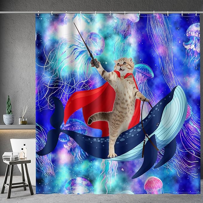 Aimego Funny Cat Shower Curtains - Cute Cat Riding Whale Shark on Space Galaxy Fantasy Jellyfish Fun Shower Curtain Set with 12 Hooks for Adults Kids Bathroom Decor Accessories, 72"x72"