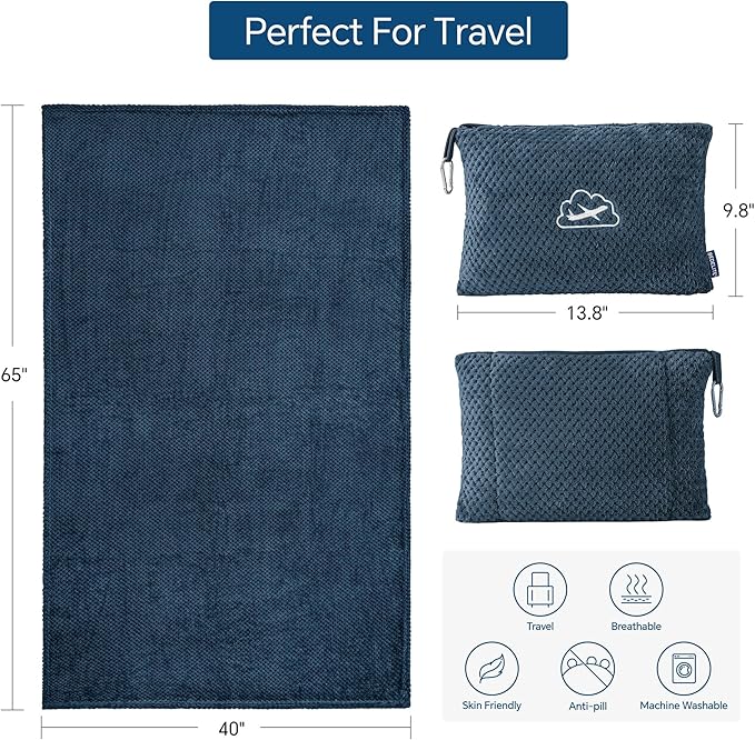 BEDELITE Travel Blanket Airplane Compact with Bag, Portable and Packable 2 in 1 Travel Pillow and Blanket Set, Airplane Blanket Travel Essentials with Luggage Sleeve & Backpack Clip, Navy Blue