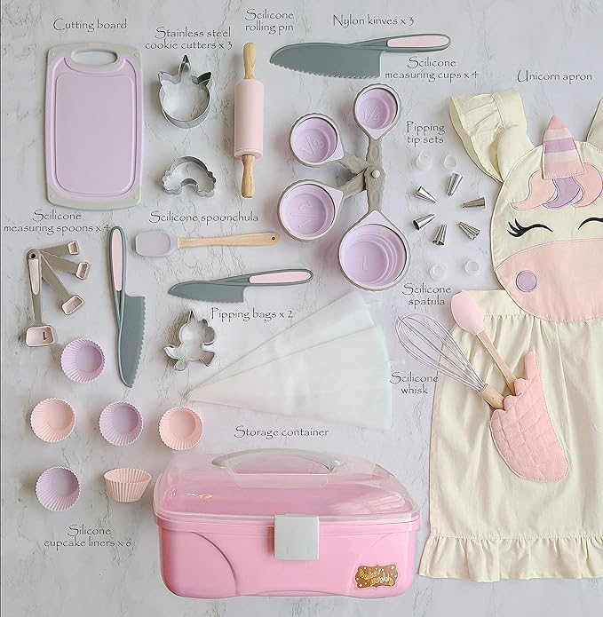 Unicorn Kids Baking Set with storage case, real working utensils, cookie cutters, and baking supplies, beautiful unicorn apron for kids