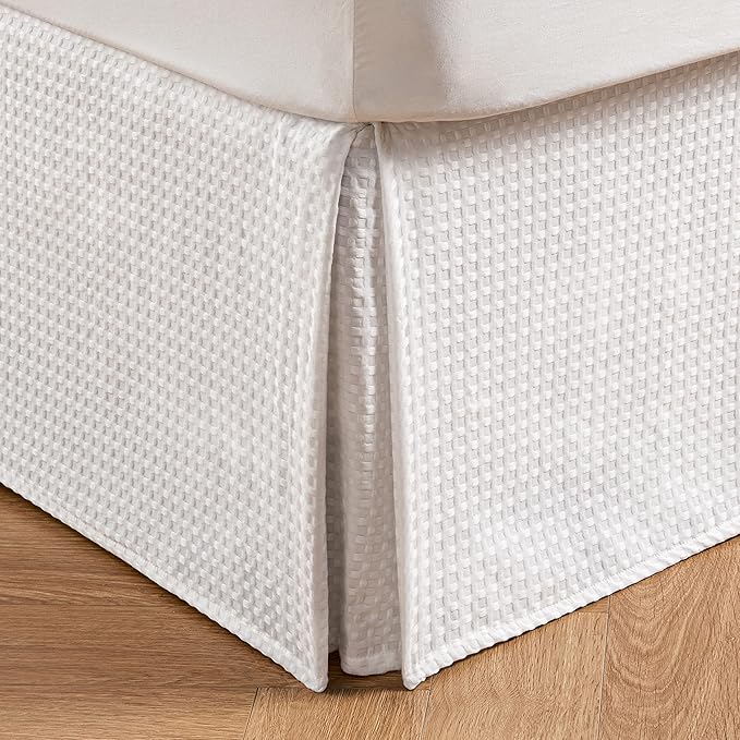 MIYE Pleated Waffle Weave Bed Skirt, Tailored Dust Ruffle 14 Inch Drop Easy Fit, Machine Washable (White, Full - 14" Drop)