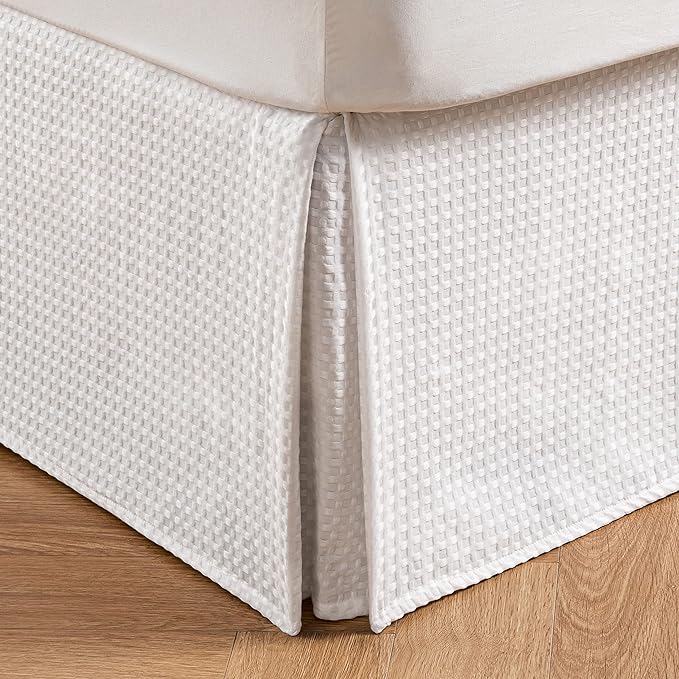 MIYE Pleated Waffle Weave Bed Skirt, Tailored Dust Ruffle 14 Inch Drop Easy Fit, Machine Washable (White, King - 14" Drop)