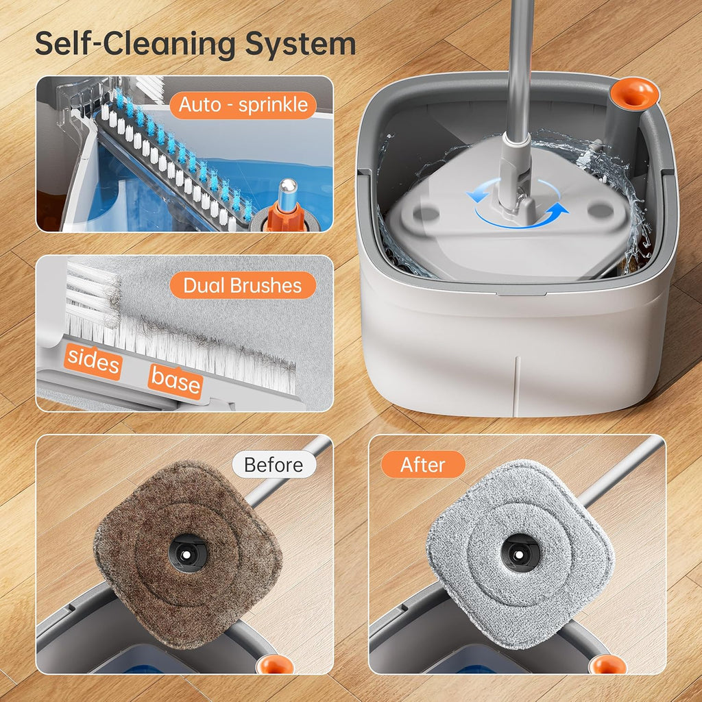 KZKR Spin Mop and Bucket Set with Self Separation Dirty and Clean Water System, Self Wringing 360° Rotating Square Mop Head for Home Floors Cleaning (1.0 Mop and Bucket Set (6 Pads))