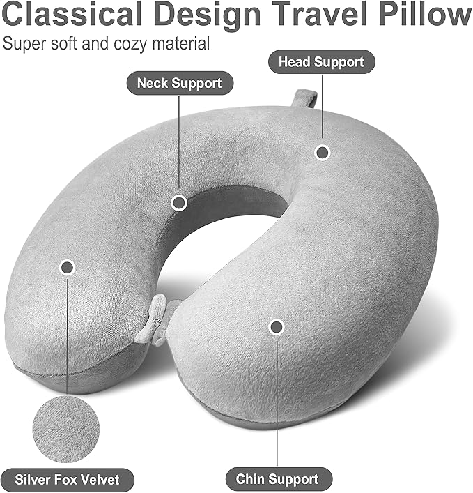 Neck Pillow for Airplane Travel, 100% Pure Memory Foam Travel Neck Pillow for Sleeping & Travel Essentials for Neck Rest, Grey, Pack with Box
