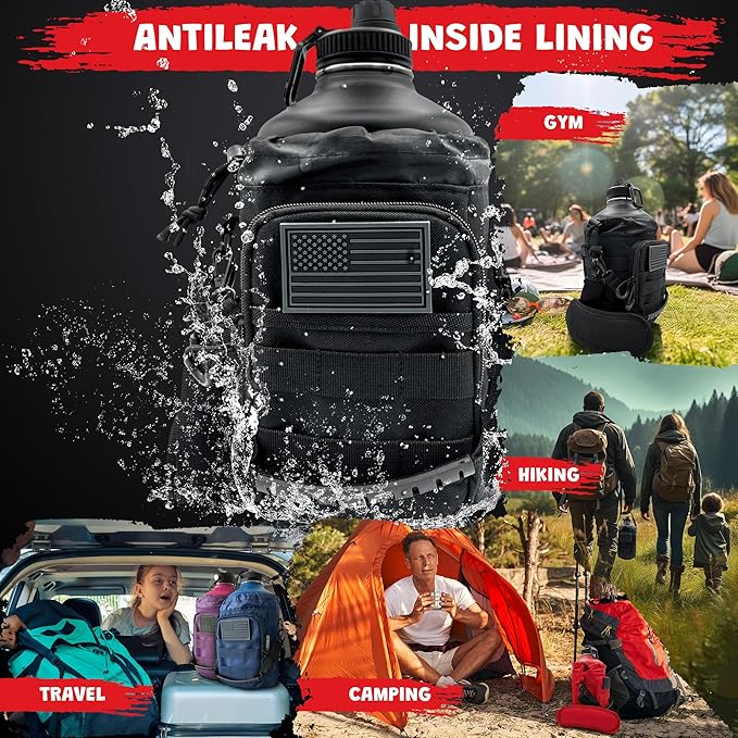 1 Gallon Water Bottle Insulated - 84 Oz Stainless Steel Metal Water Jug with Holder - | Carrying Bag | Spout Handle | Straw Lids | Keep Cold & Hot | - Black Tactical Flask