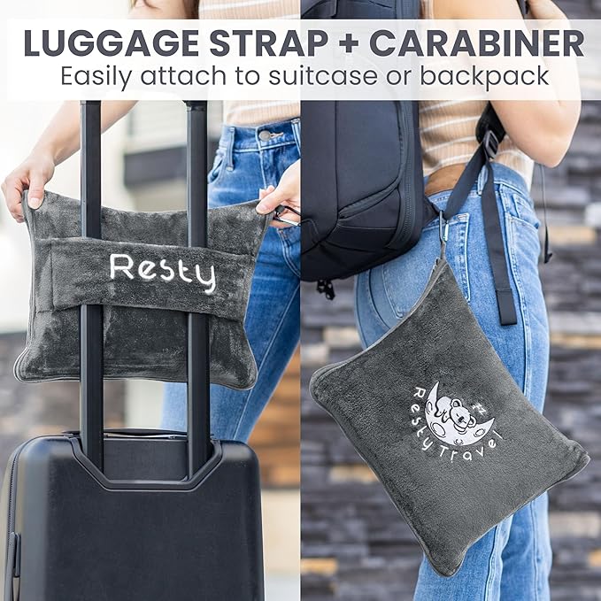 Resty Travel Blanket - Compact Airplane Blanket with Bag - Small and Lightweight Traveling Blanket & Pillow - Portable Blankets with Carabiner for Easy Transport - Plane Train Car (Deep Gray)